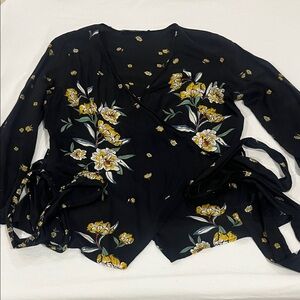 Zara Black Floral Wrap Blouse with Yellow Blossoms